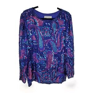 Sequin Beaded Silk Top 90s Blue Long-Sleeve Blouse Gatsby Glam Party Large